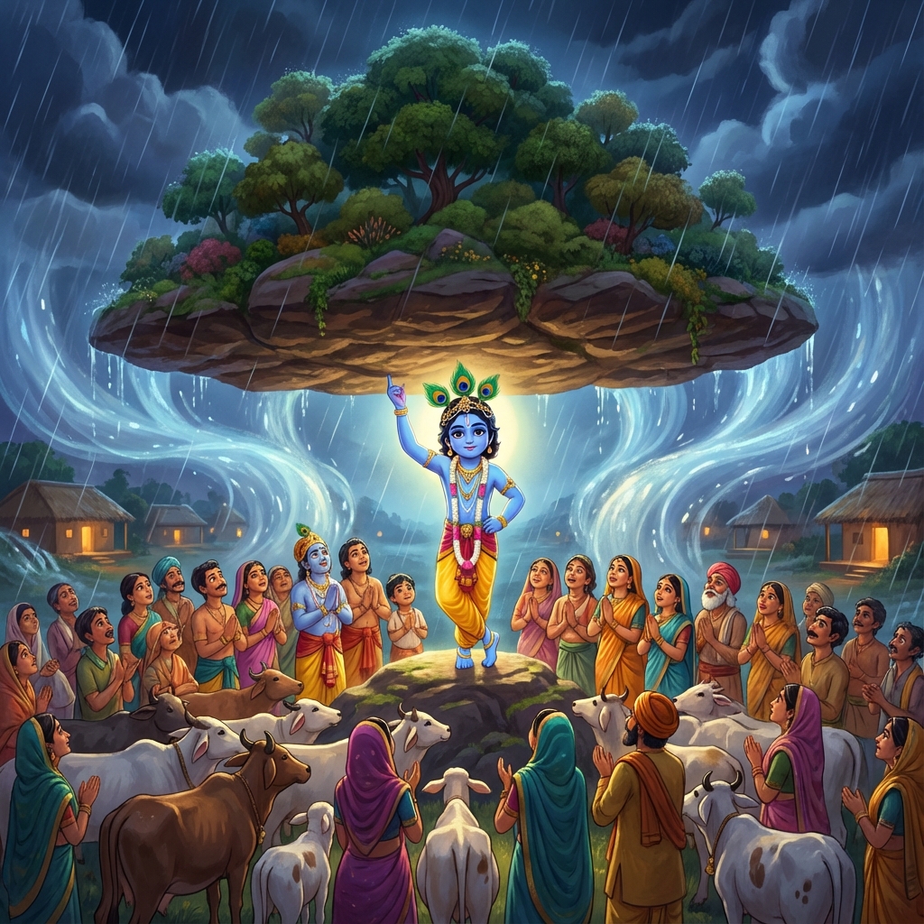 Lord Krishna lifting Govardhan Hill
